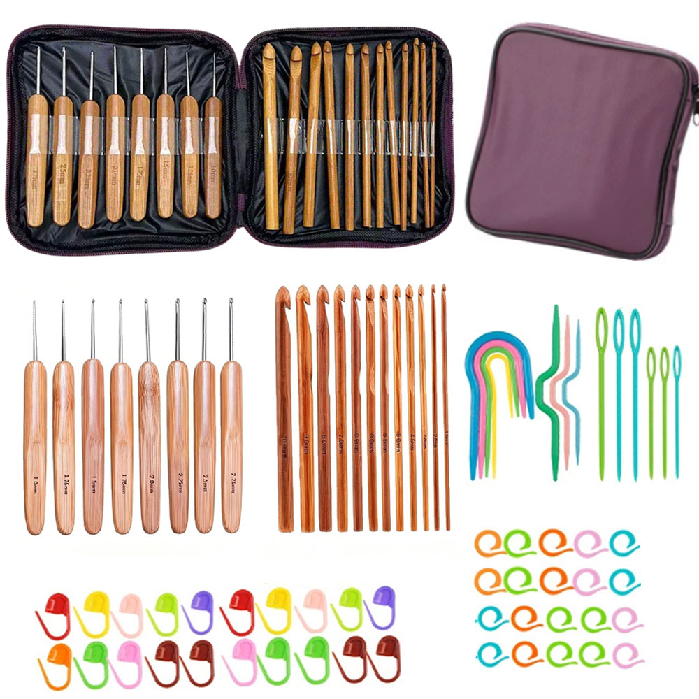 Craft Tools - 74個入り竹製かぎ針セット、毛糸編み工芸用裁縫道具、携帯用収納バッグ付き編み物かぎ針セット、裁縫道具