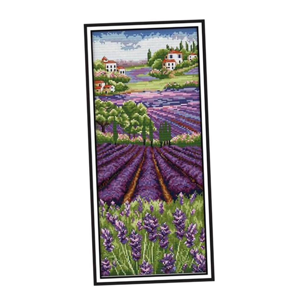 Cross Stitch Stamped Kits Beginners - ラベンダーの花スタンプ入りクロスステッチキット、プリプリント生地刺繍キット、大人初心者向けDIYクラフト、家の装飾