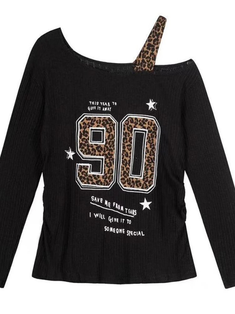 Embroidery - Y2K パッチワーク ヒョウ柄 Tシャツ レディース ルーズ