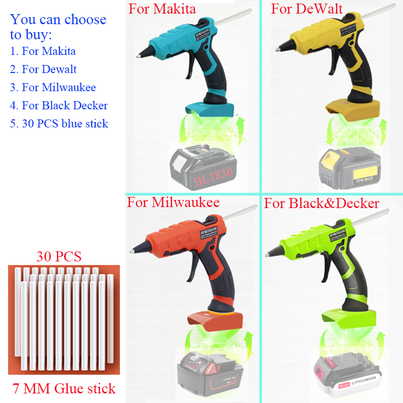 Hot Melt Glue Gun Cordless - マキタ、デウォルト、ミルウォーキー18Vリチウムイオンバッテリー対応、50Wコードレスホットグルーガン、7mmスティック30本付き、30秒クイック予熱