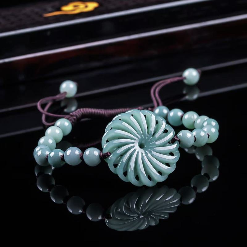 Beading - 天然ジェダイトAグレードの幸運をもたらす本物の丸玉ブレスレット、ブルーウォーターペンダント、アイスジェイド