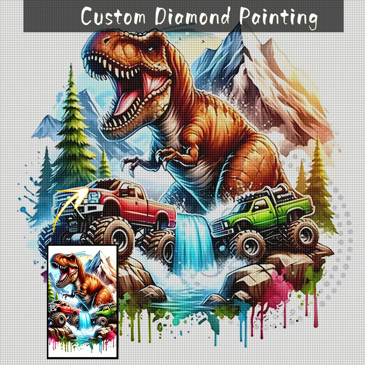 5D Diamond Painting Kit Full Drill - カスタム写真を使用した5Dダイヤモンドペイントキット - 恐竜のオフロードトラックとティラノサウルスのモンスタートラックの風景、丸型ビーズを使用したDIY手作りクラフト、V