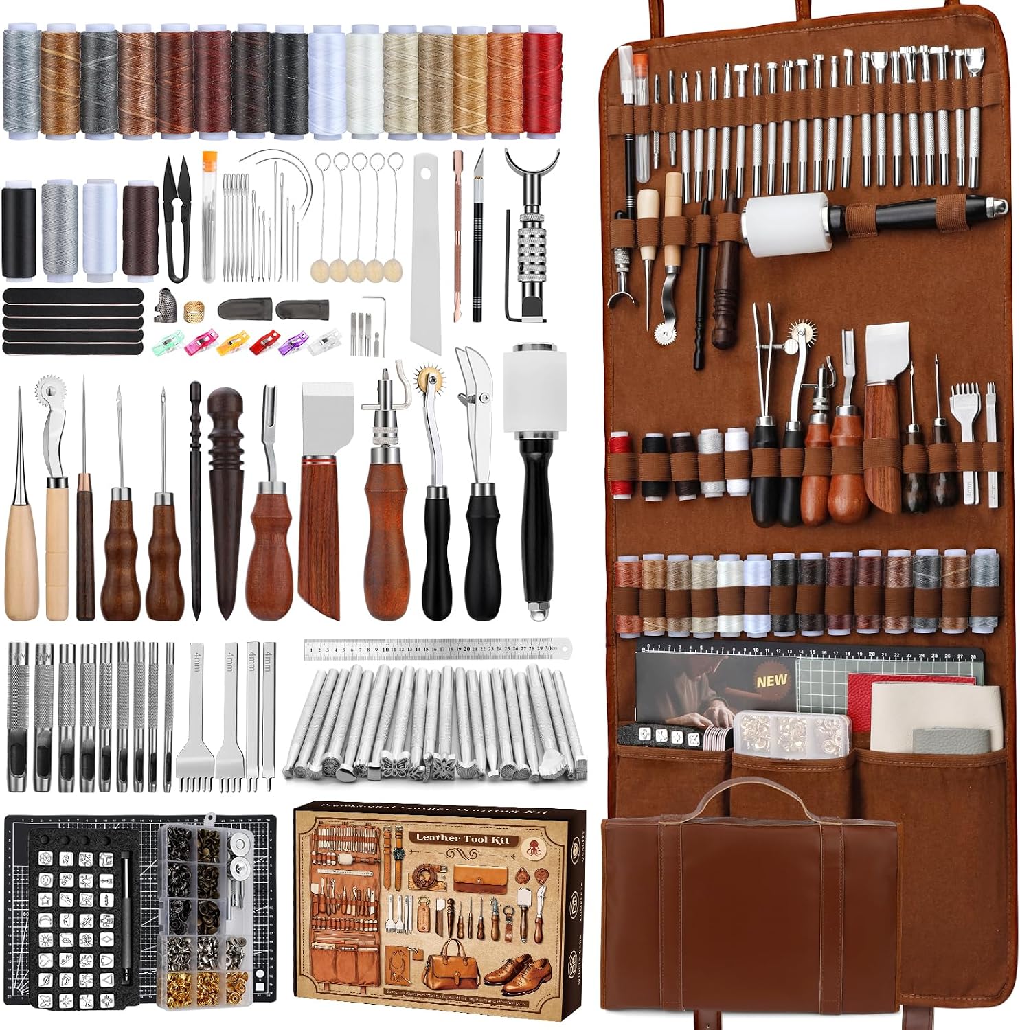 Craft Tools - 革細工キット、革細工道具とクラフトキット、カスタム収納バッグ付き、彫刻、切断、縫製、刻印、研磨用品、DIY手工芸品の製作と修理用