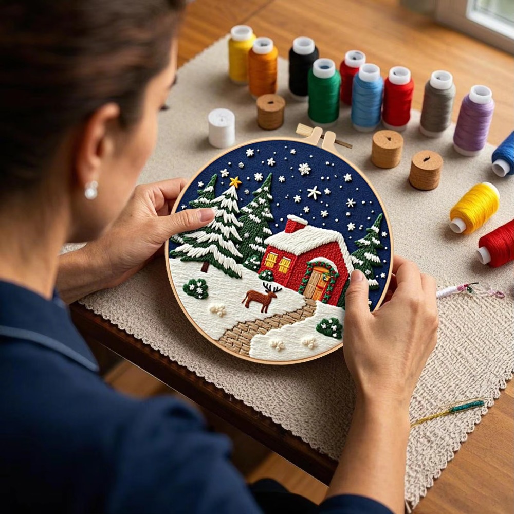 Cross Stitch Stamped Kits Beginners - 3点セットのクリスマス刺繍キット。初心者でも扱いやすい、刺繍枠付きのDIYキット。手作りのクロスステッチ作品に。