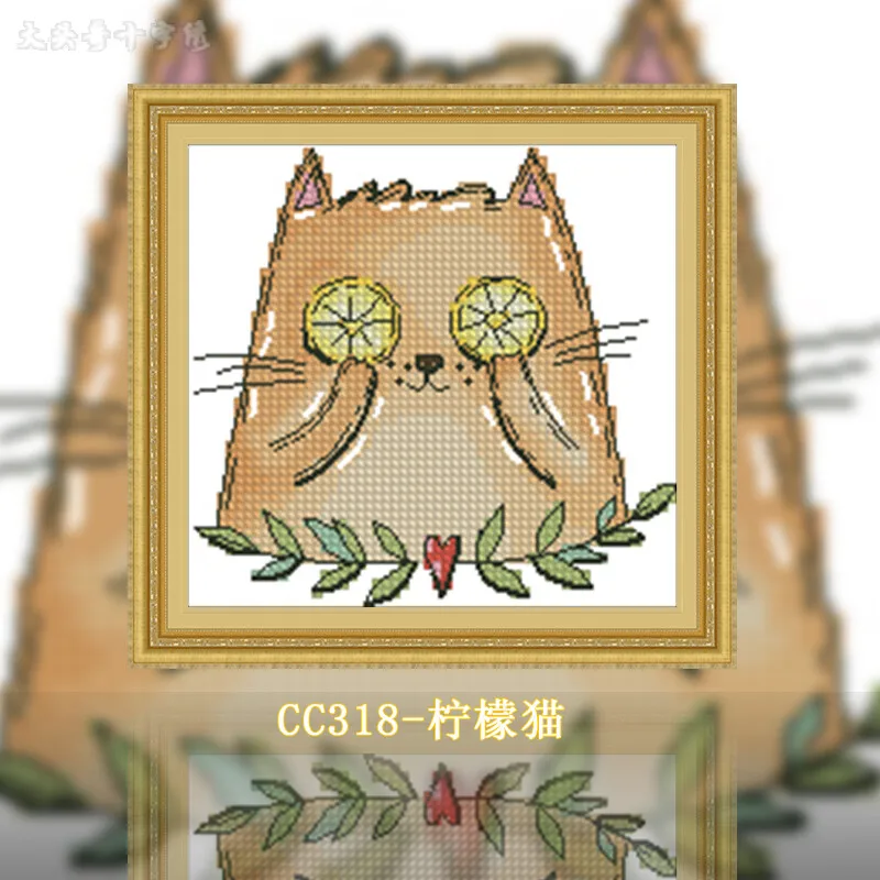 Cross Stitch Stamped Kits Beginners - [CC318-レモン猫] | 初心者向けDIYクロスステッチキット 11CT 14CT 16CT、プリント済みキャンバス、綿糸、針、刺繍セット、Budge
