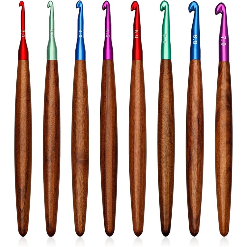Wooden Crochet Hooks Ergonomic Handle - AB34-木製ハンドル付きアルミニウムかぎ針、8本セット、3mm-7mm人間工学に基づいたかぎ針セット、かぎ針編み針