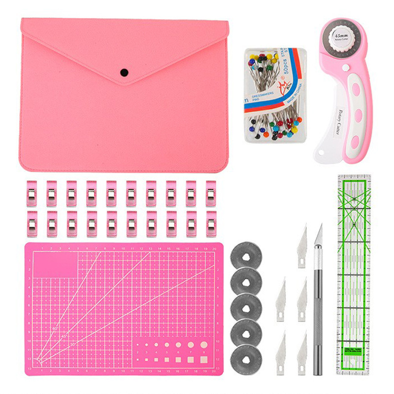 Rotary Cutter For Fabric 45Mm - ロータリーカッターセット、ピンクのキルティングキットに布カッター交換ブレード、a3カッティングマット、アクリル定規、クラフトクリップ、45mm