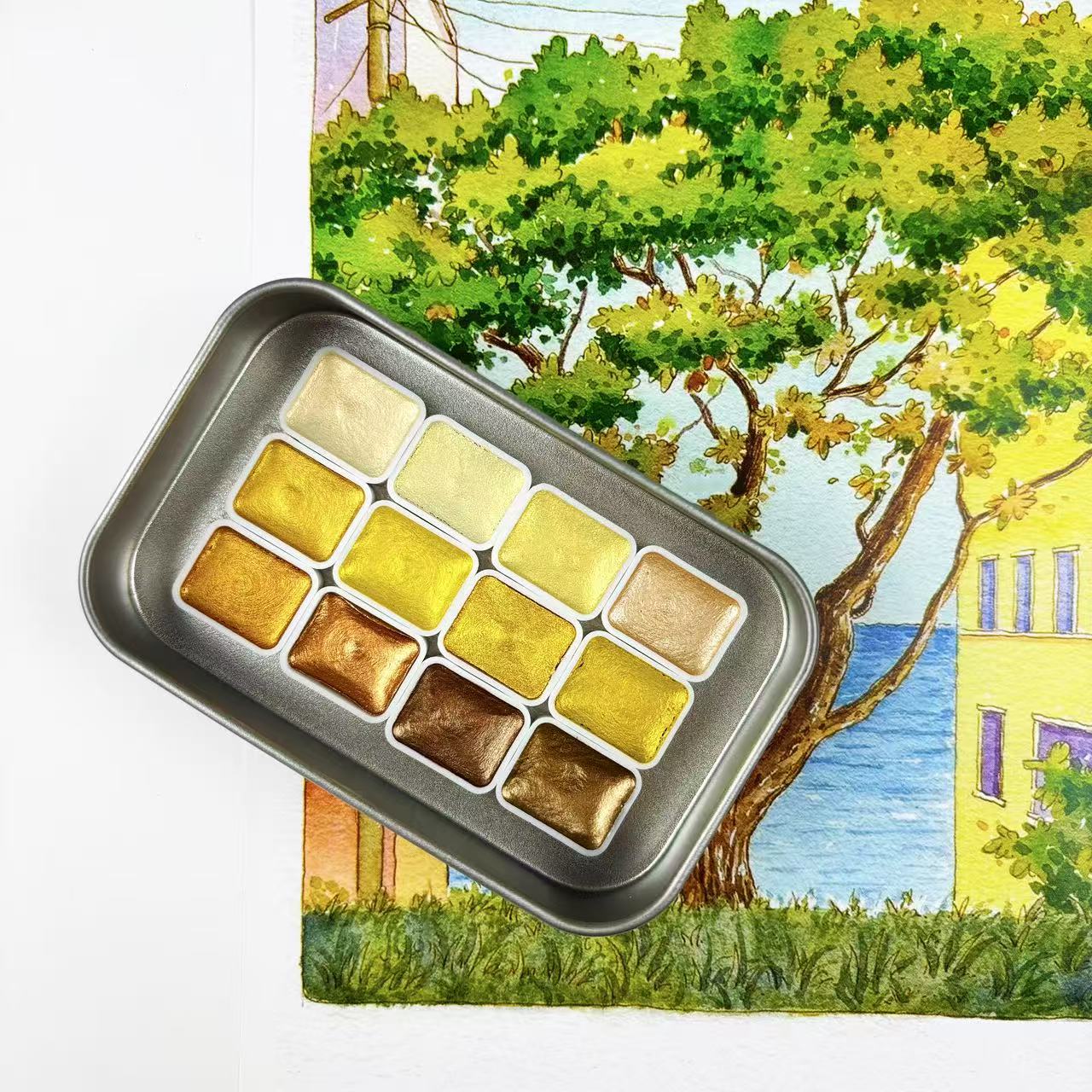 アート用に設計された12色のソリッドゴールドパール水彩を備え - Watercolor Paint Set Solid Pigment のレビューと価格